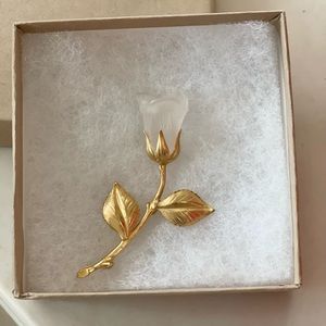 White Frosted Lucite Rose Bud Gold Tone Stem & Leaves Vintage Pin/Brooch
